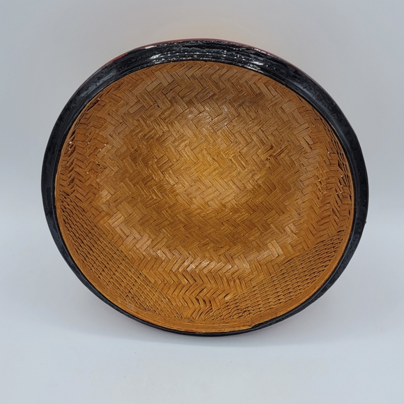 Hand-Painted Chapati Parat Basket Lacquered Woven Lidded Storage India Vintage - Picture 3 of 15